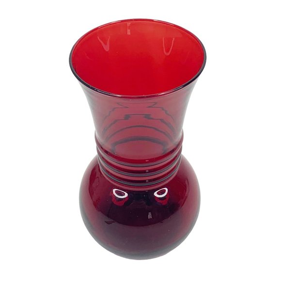 Vintage Anchor Hocking Vase Royal Ruby Red Glass Harding 6.5" Art Deco Rings MCM - Picture 6 of 7